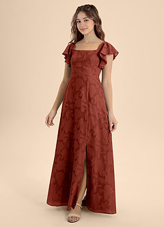 Azazie Bondi Junior Vestido de Terracota de Devorado Floral de Corte En A con Lazo image1