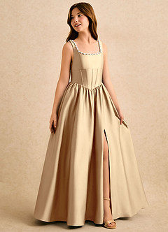 Azazie Enid Girls Formal Blomsterpigekjoler A-Line Perlebesat Stræk satin Gulv-længde Kjole image3
