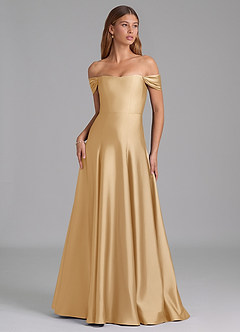 Azazie Seriana 신부 들러리 드레스 A라인 오프 더 숄더 스트레치 새틴 바닥 길이 드레스 image1