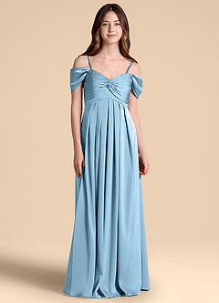 Azazie Kaitlynn Junior Abito A-Line in Raso Elasticizzato a Spalla Scoperta Blu Acciaio image1