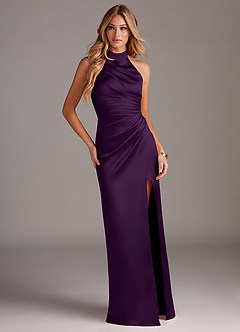 Azazie Jemma Bridesmaid Dresses Grape Sheath Pleated Stretch Satin Dress image3
