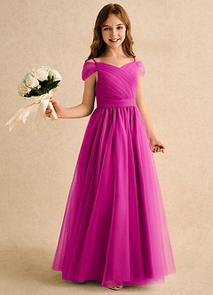 Azazie Yuna Girls Formal Abiti da Ragazza di Fiori Abito A-Line in Tulle Spalle Scoperte Fucsia image1