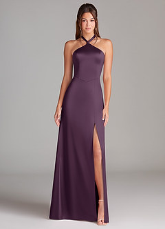 Azazie Elliana Bridesmaid Dresses Plum A-Line Side Slit Stretch Satin Dress image5
