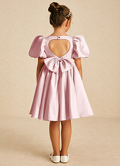 Azazie Muffin Blumenmädchenkleider A-Linie mit ärmel Matte Satin Kleid Puderrosa image1