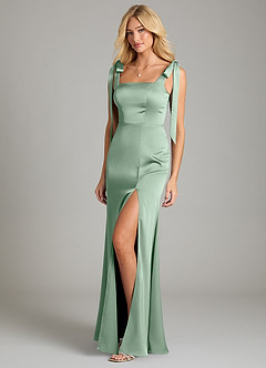 Azazie Frostine Vestidos de damas de honor Vestido de Agave de Satén Elástico de Corte en A con Lazo image1