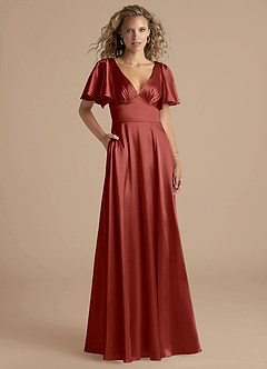 Azazie Kimber Bridesmaid Dresses Terracotta A-Line Ruched Metallic Satin Dress image1