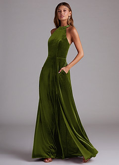 Azazie Larice Bridesmaid Dresses Olive A-Line with Pockets Velvet Dress image3