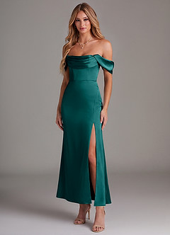 Azazie Saige Bridesmaid Dresses Peacock Mermaid Off the Shoulder Stretch Satin Dress image1