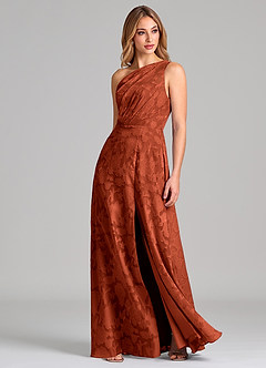 Azazie Phaedra 신부 들러리 드레스 A라인 한쪽 어깨 플로럴 번아웃 바닥 길이 드레스 image3