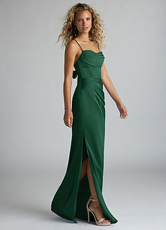Azazie Mai Vestidos de damas de honor Vestido de Verde Oscuro de Satén Elástico de Corte Recto con Plisado image4