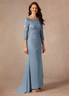 Azazie Rhonda Mother of the Bride Dresses Dusty Blue Mermaid Off the Shoulder Mesh Dress image6