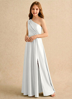 Azazie Puddles Girls Formal 플라워 걸 드레스 A라인 한쪽 어깨 스트레치 새틴 플로어 길이 드레스 image4