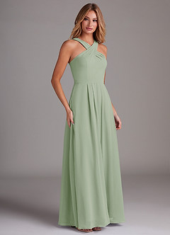 Azazie Dixie Brautjungfernkleider A-Linie Halter Gefaltet Chiffon Kleid Staubiger Salbeigrün image4
