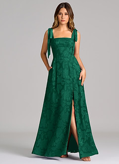 Azazie Debra 신부 들러리 드레스 A라인 포켓이 있는 플로럴 번아웃 바닥 길이 드레스 image1