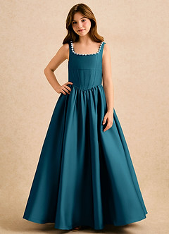 Azazie Enid Girls Formal Sukienki dla dziewczynek sypiących kwiaty Linia A Zroszony Satyna elastyczna Długość podłogi Sukienka image4