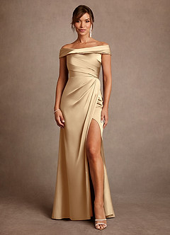 Azazie Bedford Mother of the Bride Dresses Champagne Sheath Pleated Stretch Satin Dress image1