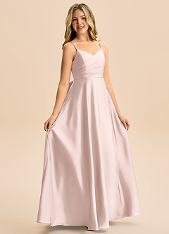Azazie Rumi Junior Blushing Pink A-Line Pleated Stretch Satin Dress image5