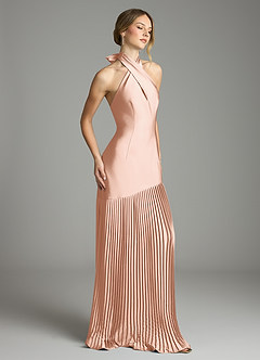 Azazie Nayeli Jurken voor bruidsmeisjes Jurk van Stretch Satijn met A-Lijn Geplooid Rosé Goud image5