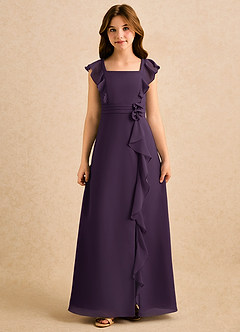 Azazie Soso Girls Formal Robe Demoiselle D'honneur Fillette Robe Trapèze en Mousseline de soie Plissée Prune image3