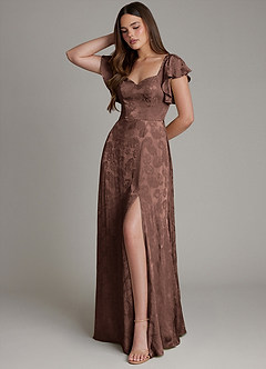 Azazie Keya Probar vestidos en casa Vestido de Jacquard De Chocolate de Jacquard de Corte en A con Volante image5