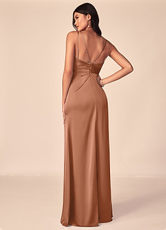 Azazie Aqua Bridesmaid Dresses Bronzer A-Line V-Neck Pleated Stretch Satin Dress image2