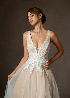 Azazie Goddess Wedding Dresses Diamond White Champagne A-Line V-Neck Sequins Tulle Dress image6