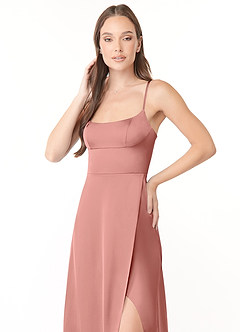 Azazie Halsey Bridesmaid Dresses Rosette Sheath Side Slit Stretch Satin Dress image6