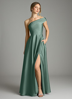 Azazie Melanie 신부 들러리 드레스 A라인 오프 더 숄더 스트레치 새틴 바닥 길이 드레스 image1