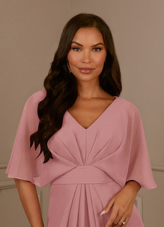 Azazie Oksana Abiti per la Madre della Sposa Abito A-Line in Chiffon con Scollo a V a Pieghe Rosa Polverosa image4