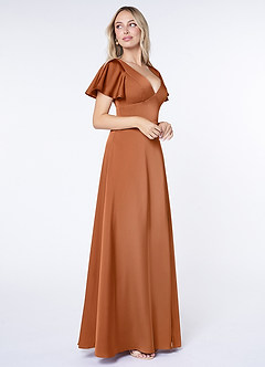 Azazie Lani Brautjungfernkleider A-Linie Volantärmel Stretch-Satin Kleid Kupfer image4