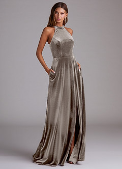 Azazie Larice Bridesmaid Dresses Silver Taupe A-Line with Pockets Velvet Dress image1