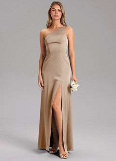 Azazie Phaedra Bridesmaid Dresses Taupe A-Line One Shoulder Stretch Satin Dress image3