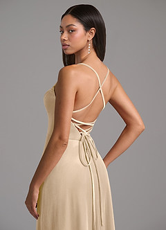 Azazie Mei Robes de demoiselle d'honneur Robe Trapèze en velours Corset Champagne image2