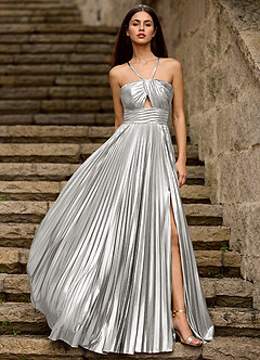 Foil Silver Metallic Prom Dress image1