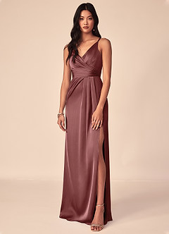 Azazie Aqua Bridesmaid Dresses Amethyst A-Line V-Neck Pleated Stretch Satin Dress image1