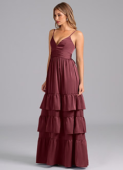 Azazie Nathalia Vestidos de madrinha de casamento Vestido Merlot de Cetim elástico de Linha A com Plissado image4