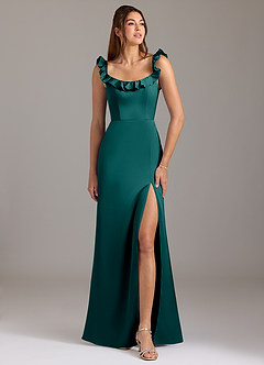 Azazie Callie Bridesmaid Dresses Peacock A-Line Ruched Stretch Satin Convertible Dress image1