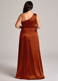 Azazie Brooke Bridesmaid Dresses Auburn A-Line One Shoulder Metallic Satin Dress image9