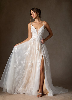 Azazie Monda Vestidos de novia Vestido de Blanco Diamante Champán de Tul de Corte en A con Encaje image4