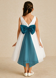 Azazie Kavi Flower Girl Dresses Ivory Ink Blue A-Line Bow Matte Satin Dress image1