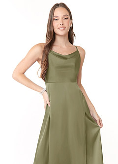 Azazie Naomie Bridesmaid Dresses Pistachio A-Line Cowl Neckline Side Slit Stretch Satin Dress image5