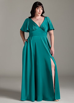 Azazie Kimber Bridesmaid Dresses Teal A-Line Ruched Stretch Satin Dress image9
