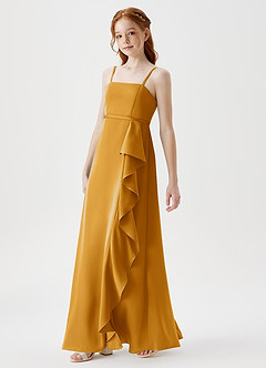 Azazie Kaylee Junior Robe Trapèze en Satin extensible avec ceinture Caramel écossais image4