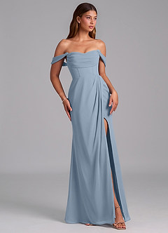 Azazie Johana Vestidos de damas de honor Vestido Azul Polvoriento de Gasa de Corte Sirena Convertible con Hombros descubiertos image6