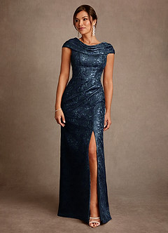 Azazie Irvine vestidos de madre de la novia Vestido de Azul Marino Oscuro de Jacquard Floral de Corte en A con Plisado image3