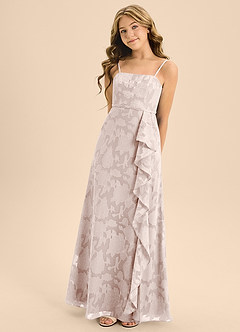 Azazie Kaylee Junior Blushing Pink A-Line with Belt Floral Burnout Dress image1