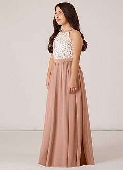 Azazie Fahari Junior Champagne Rose A-Line Lace Chiffon Dress image3