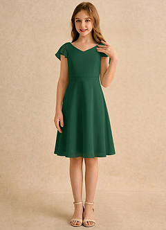 Azazie Narin Girls Formal Robe Demoiselle D'honneur Fillette Robe Trapèze en Mousseline de soie avec manches Vert Foncé image4