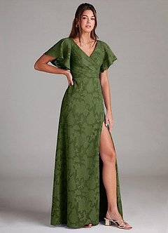 Azazie Ambrosia Bridesmaid Dresses Olive A-Line Pleated Floral Burnout Dress image3