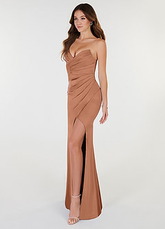 Azazie Yola Bridesmaid Dresses Bronzer Sheath V-Neck Pleated Stretch Satin Convertible Dress image3
